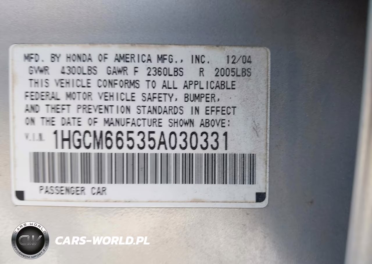 2005 Honda Accord 3.0 Ex VIN:1HGCM66535A030331 - 9