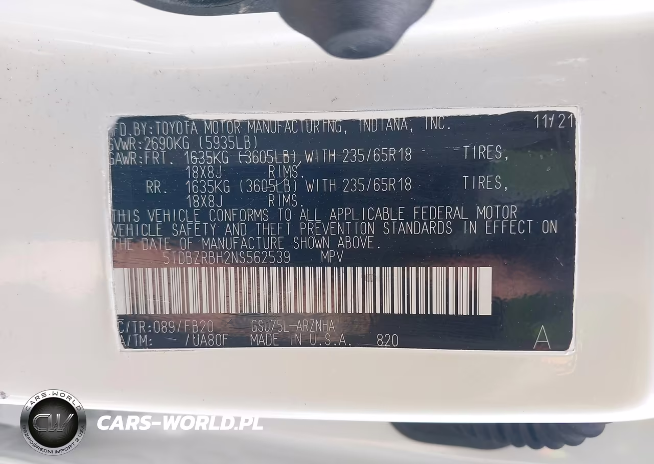 2022 Toyota Highlander Le VIN:5TDBZRBH2NS562539 - 9