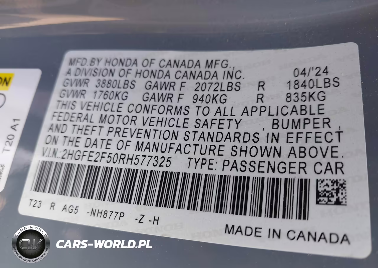 2024 Honda Civic Sport VIN:2HGFE2F50RH577325 - 9