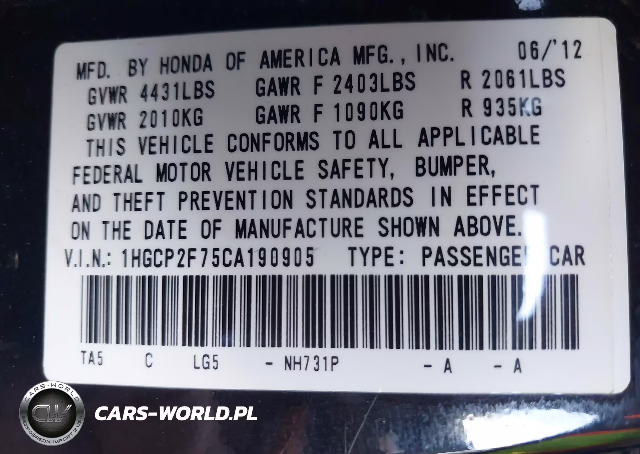2012 Honda Accord 2.4 Ex VIN:1HGCP2F75CA190905 - 9