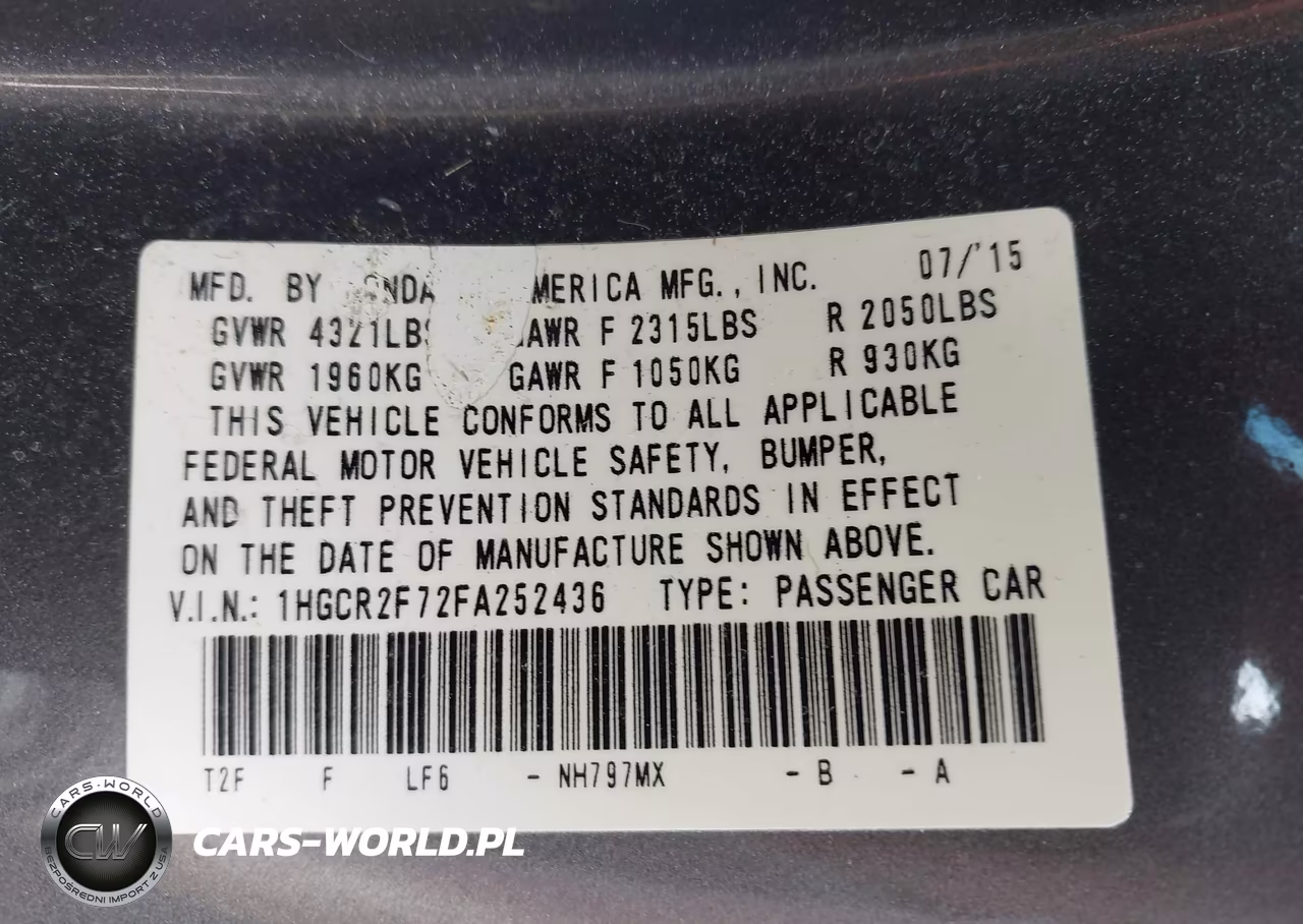2015 Honda Accord Ex VIN:1HGCR2F72FA252436 - 9