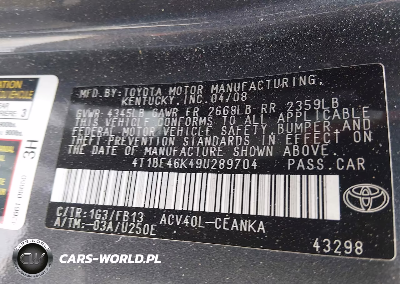 2009 Toyota Camry Le VIN:4T1BE46K49U289704 - 9