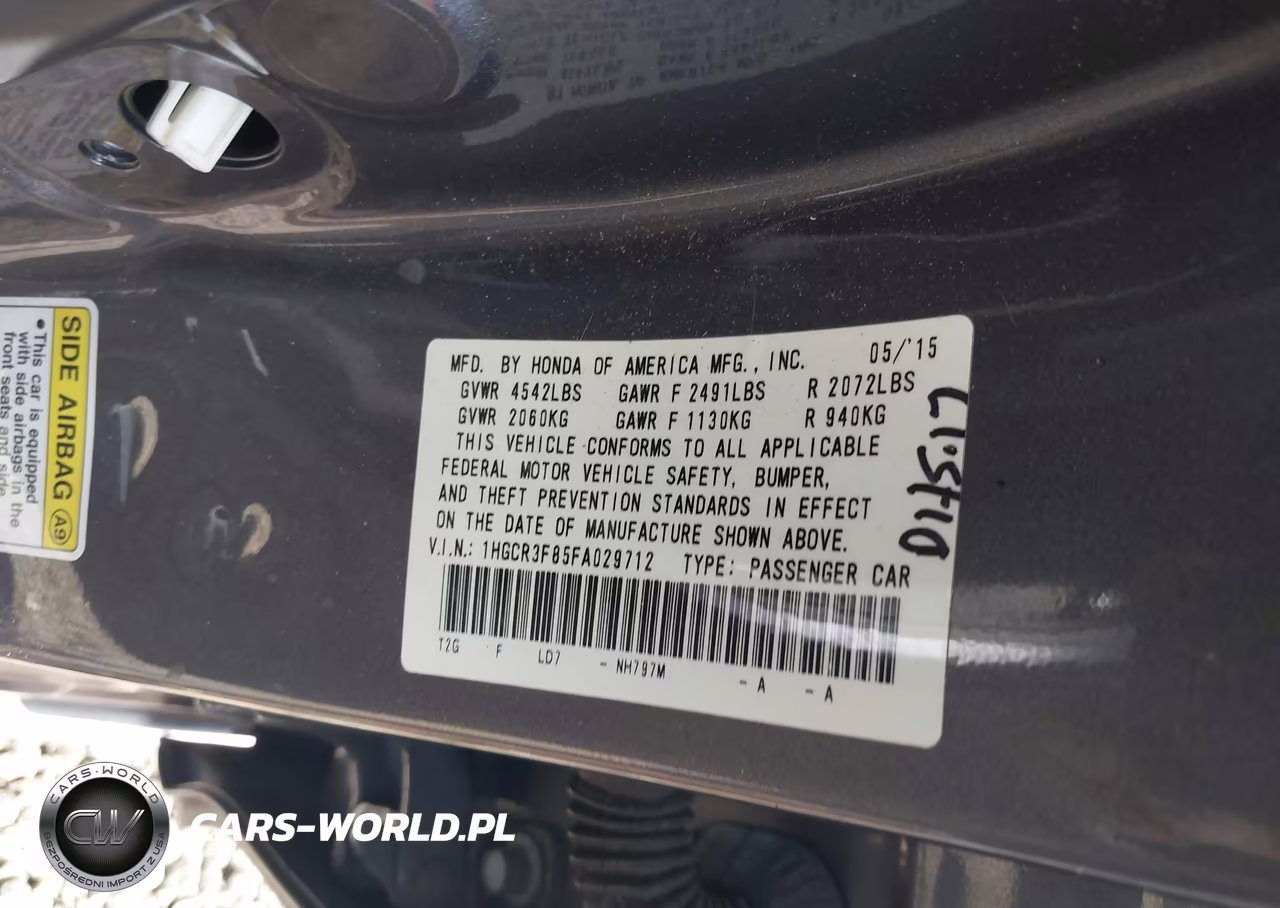 2015 Honda Accord Ex-L V-6 VIN:1HGCR3F85FA029712 - 9