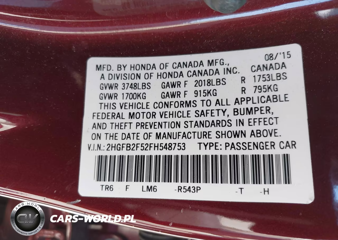 2015 Honda Civic Lx VIN:2HGFB2F52FH548753 - 9