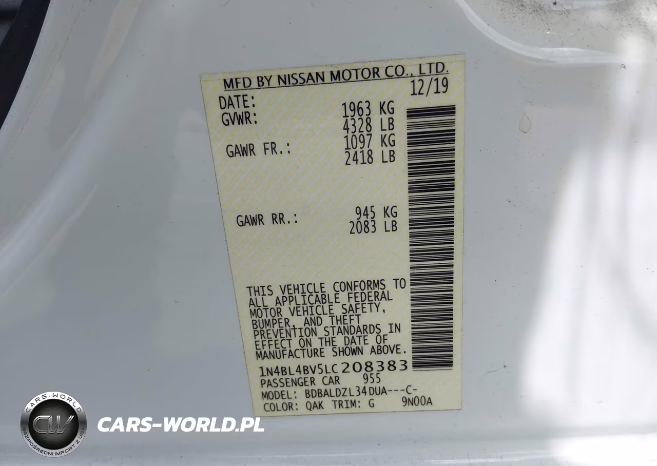 2020 Nissan Altima S Fwd VIN:1N4BL4BV5LC208383 - 9