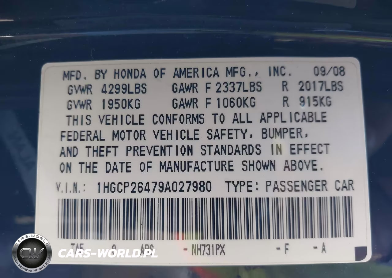 2009 Honda Accord 2.4 Lx-P VIN:1HGCP26479A027980 - 9
