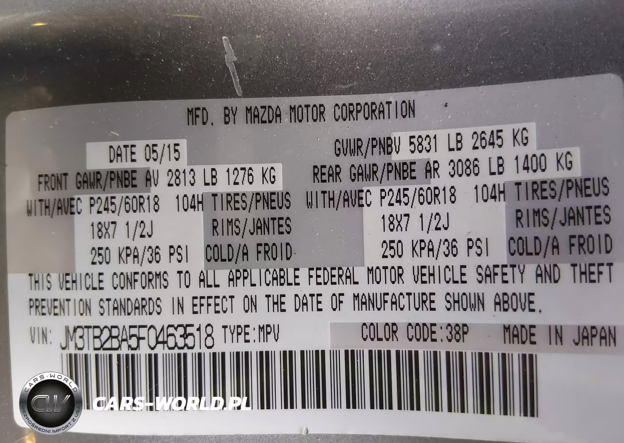 2015 Mazda Cx-9 Sport VIN:JM3TB2BA5F0463518 - 9