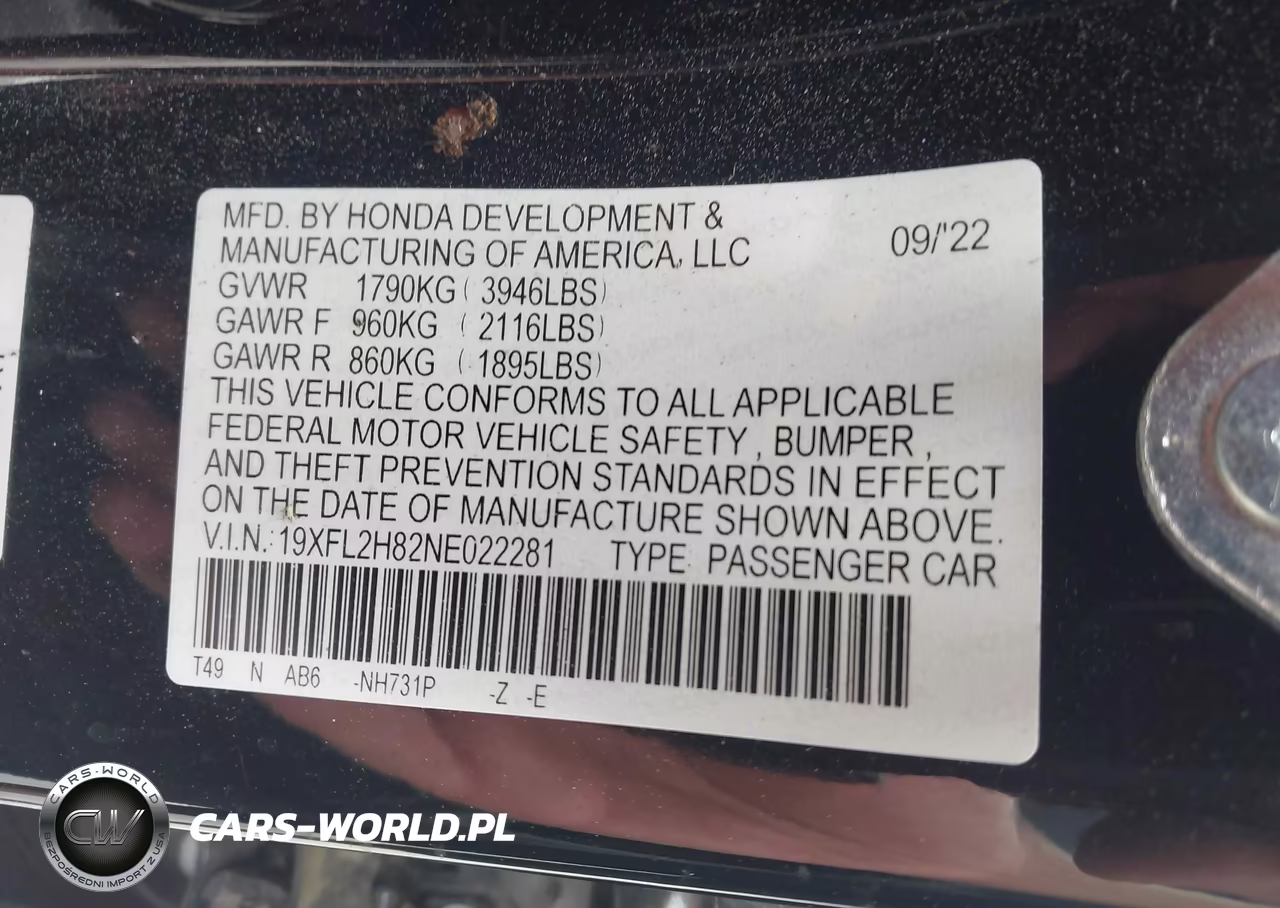 2022 Honda Civic Sport VIN:19XFL2H82NE022281 - 9