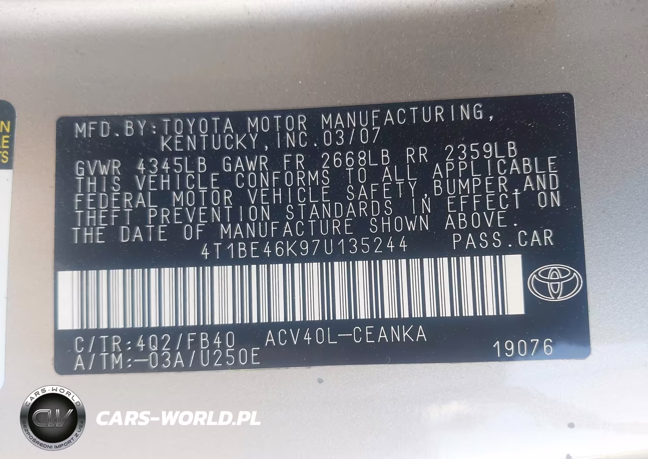 2007 Toyota Camry Le VIN:4T1BE46K97U135244 - 9