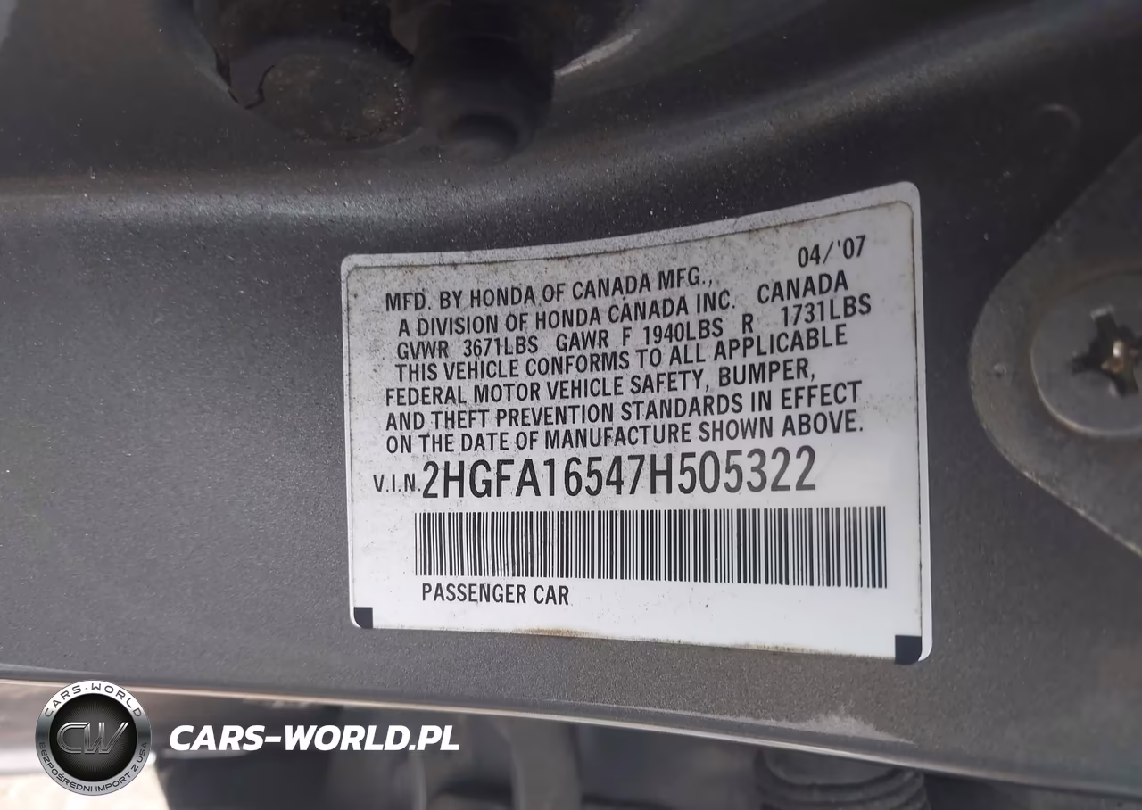 2007 Honda Civic Lx VIN:2HGFA16547H505322 - 9