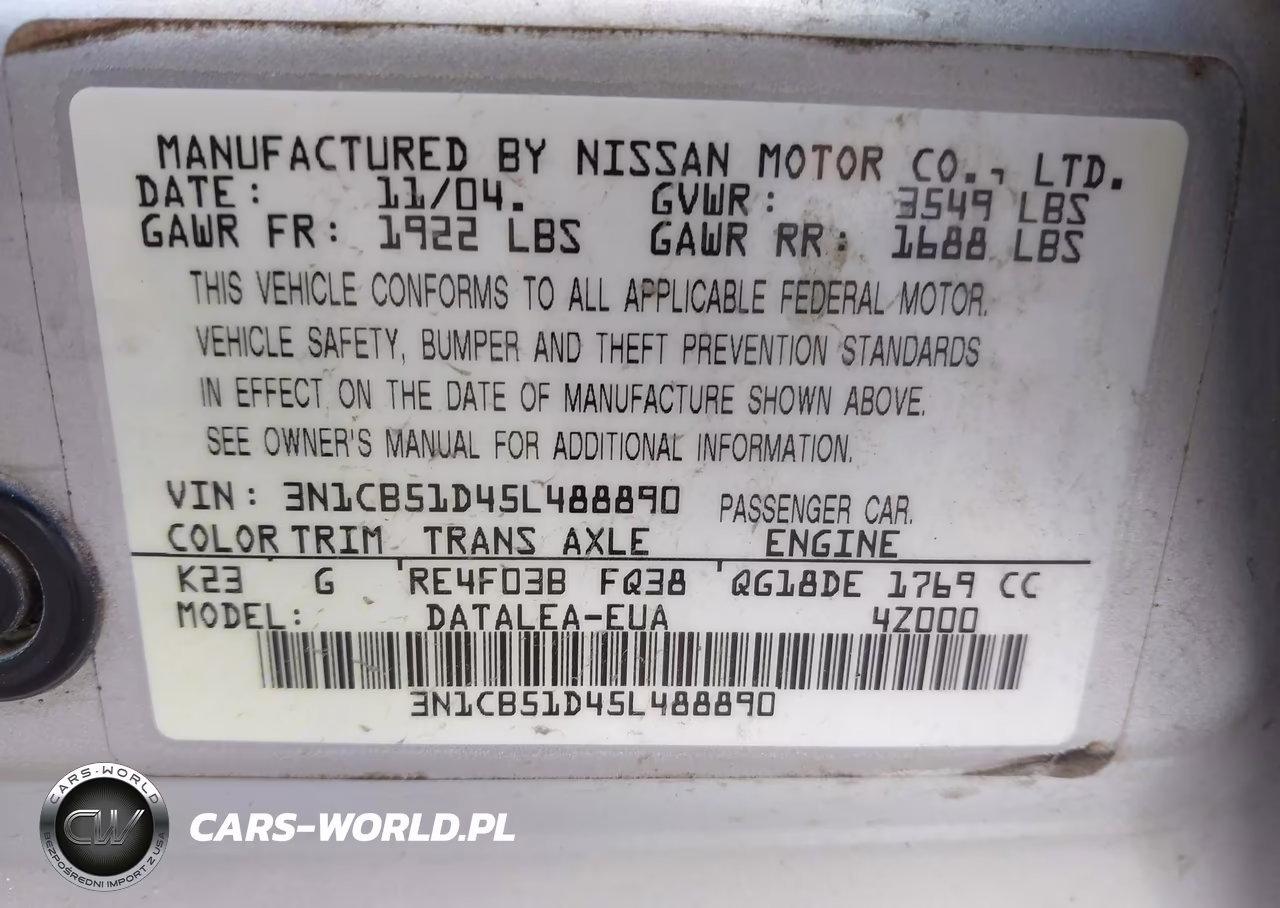 2005 Nissan Sentra 1.8S VIN:3N1CB51D45L488890 - 9