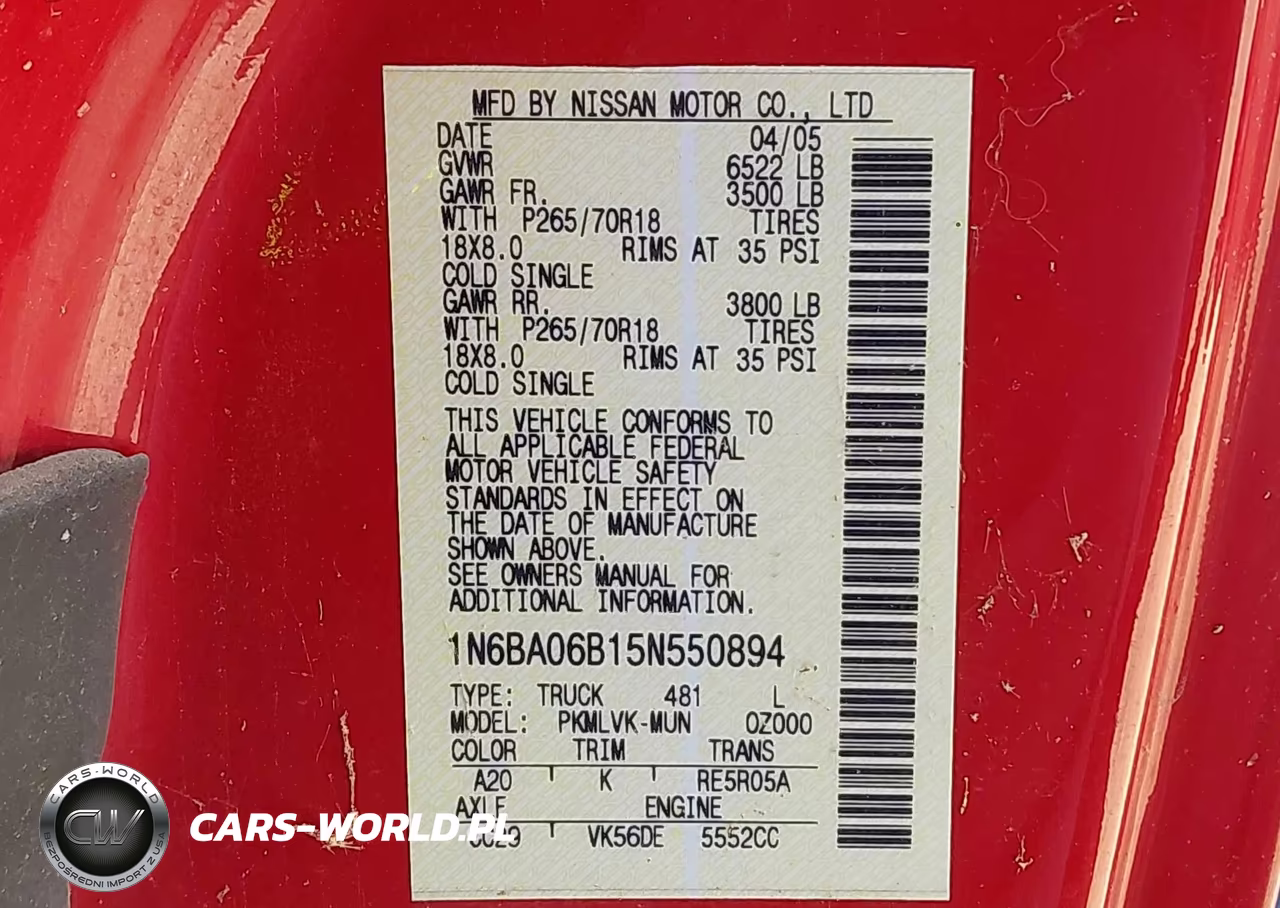2005 Nissan Titan Le VIN:1N6BA06B15N550894 - 9