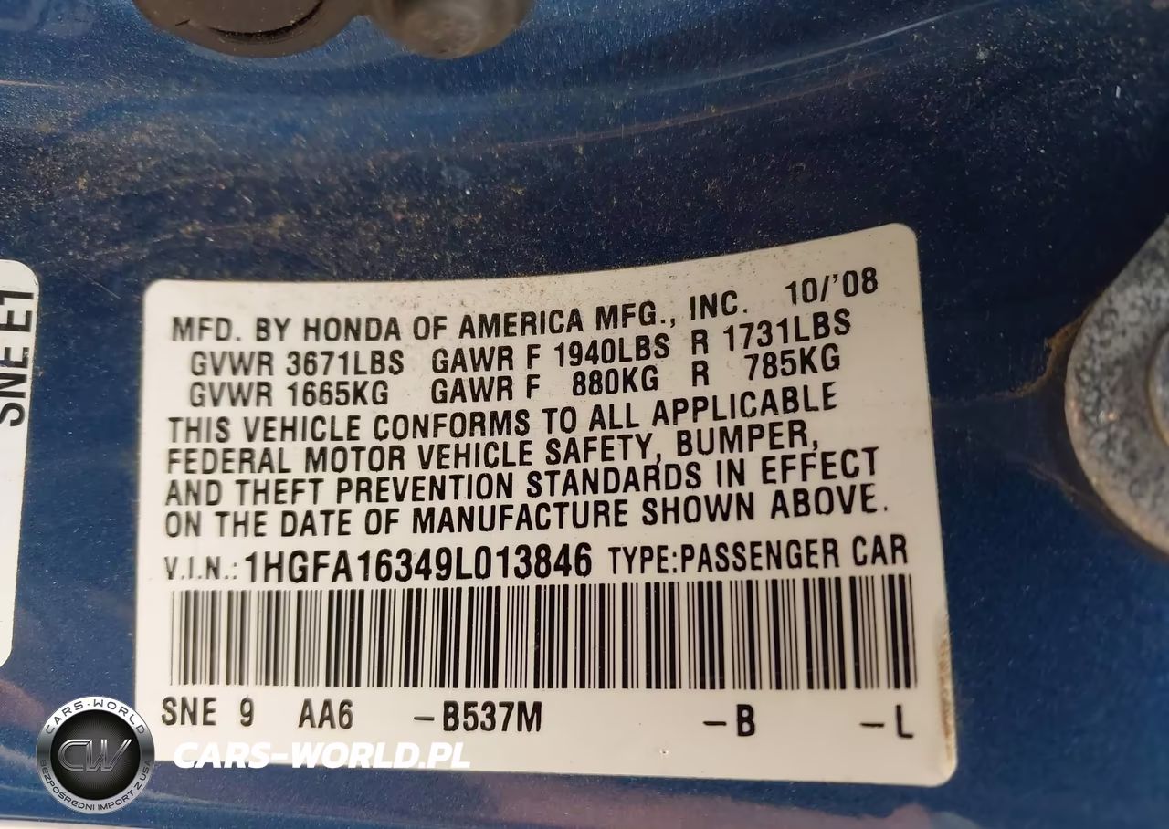 2009 Honda Civic Vp VIN:1HGFA16349L013846 - 9