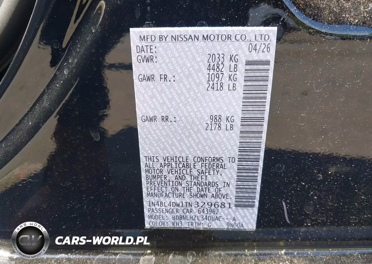 2026 Nissan Altima Sv Awd VIN:1N4BL4DW1TN329681 - 9