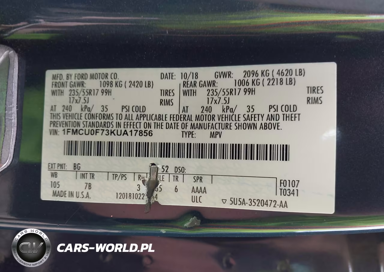 2019 Ford Escape S VIN:1FMCU0F73KUA17856 - 9