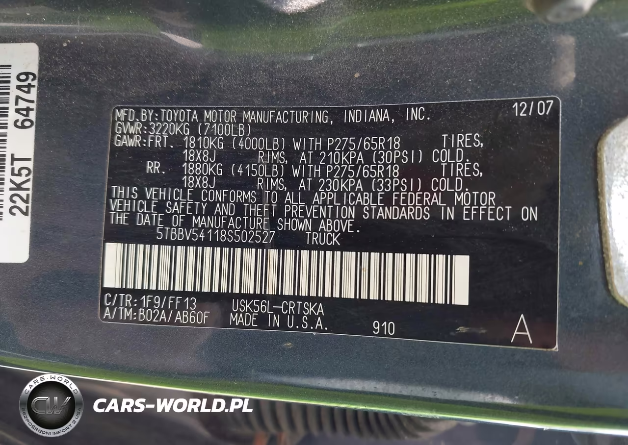 2008 Toyota Tundra Sr5 5.7L V8 VIN:5TBBV54118S502527 - 9