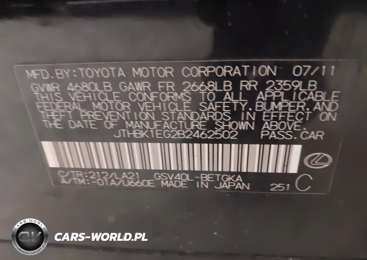 2011 Lexus Es 350 VIN:JTHBK1EG2B2462502 - 9