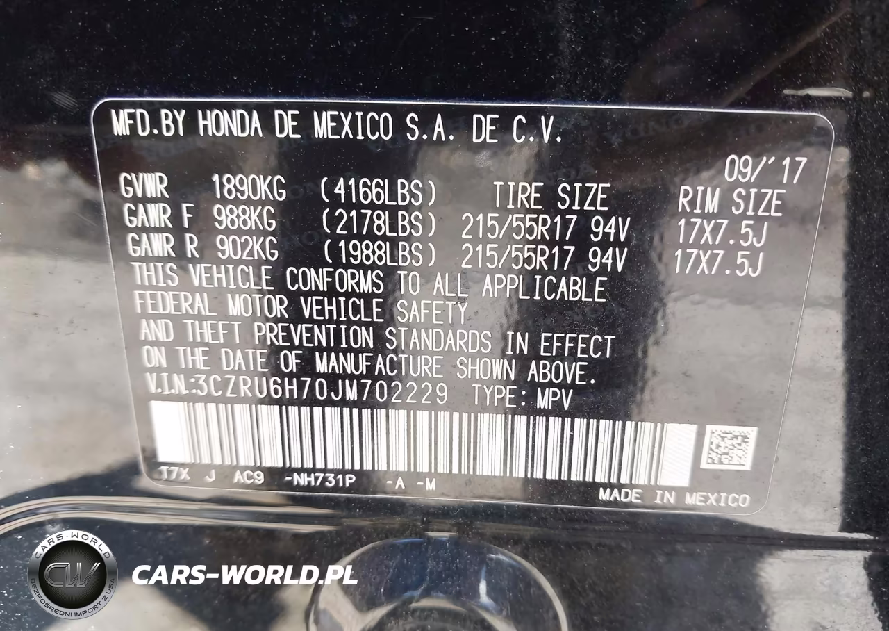 2018 Honda Hr-V Ex-L VIN:3CZRU6H70JM702229 - 9