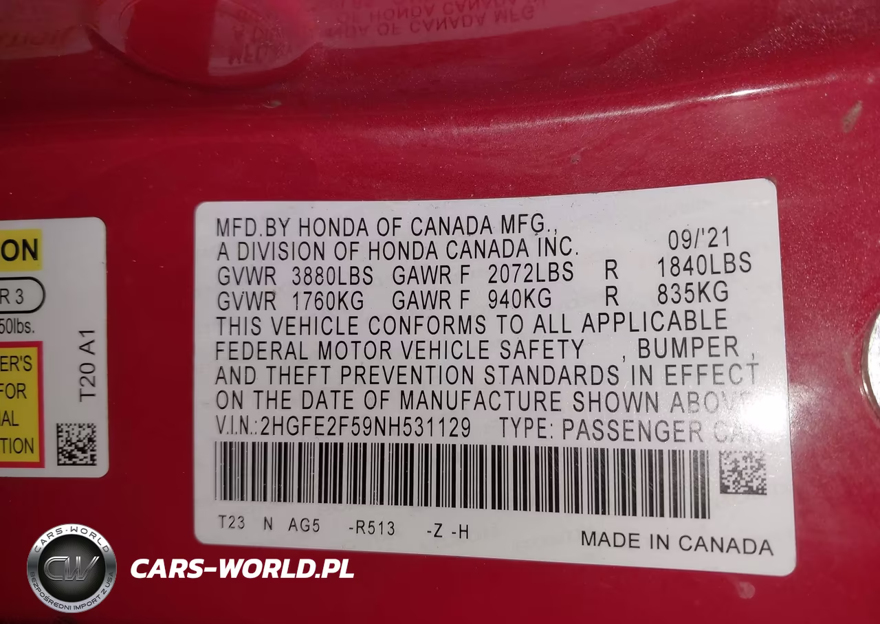 2022 Honda Civic Sport VIN:2HGFE2F59NH531129 - 9