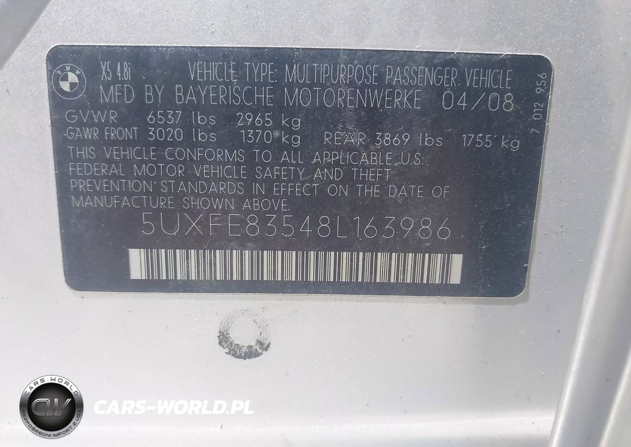 2008 BMW X5 4.8I VIN:5UXFE83548L163986 - 9