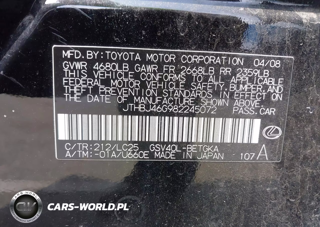 2008 Lexus Es 350 VIN:JTHBJ46G982245072 - 9
