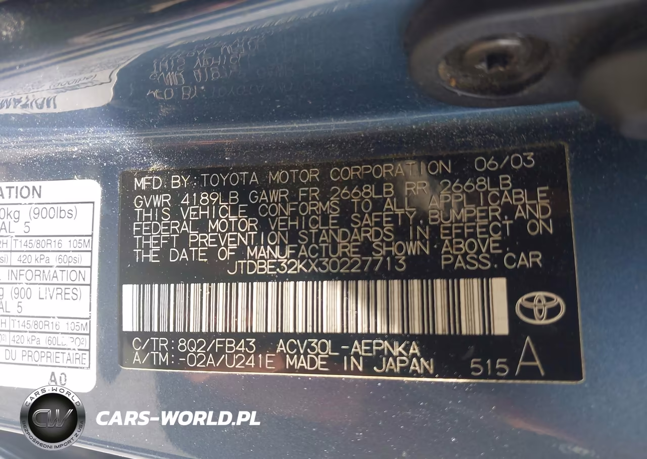 2003 Toyota Camry Le VIN:JTDBE32KX30227713 - 9