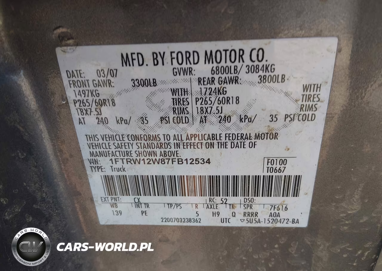 2007 Ford F-150 Xlt VIN:1FTRW12W87FB12534 - 9