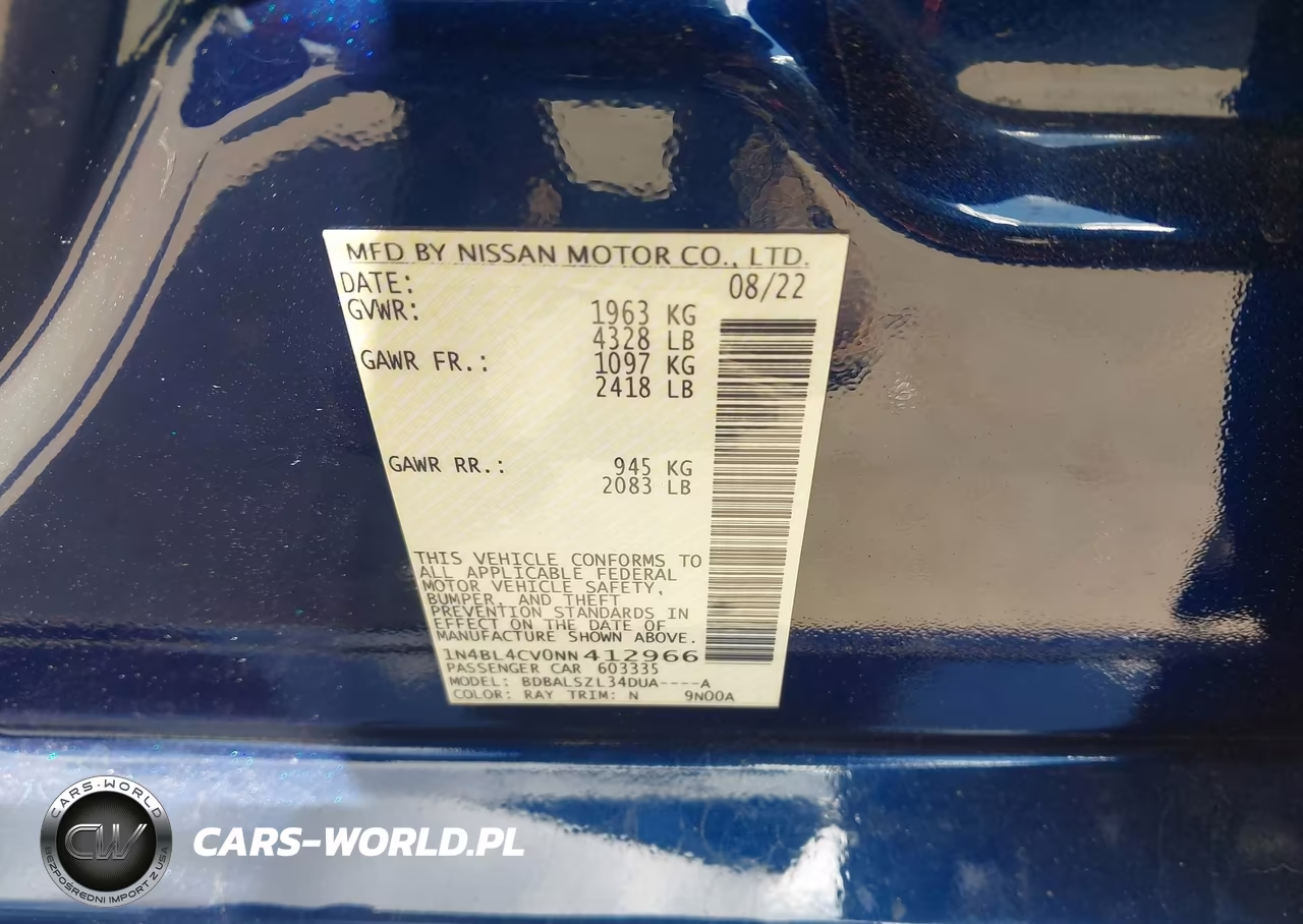 2022 Nissan Altima Sr Fwd VIN:1N4BL4CV0NN412966 - 9