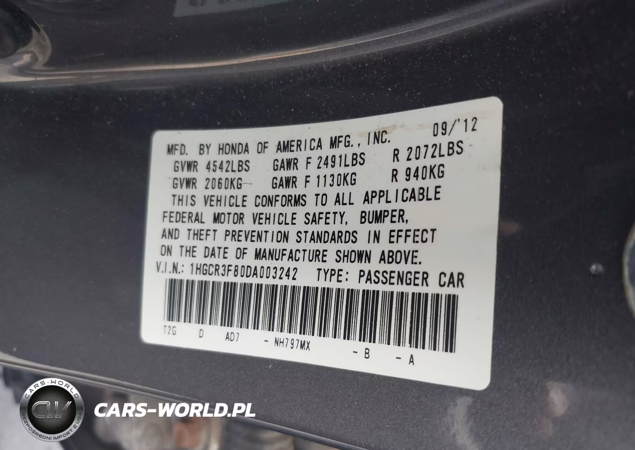2013 Honda Accord Ex-L V-6 VIN:1HGCR3F80DA003242 - 9