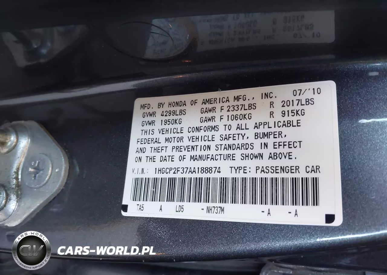 2010 Honda Accord 2.4 Lx VIN:1HGCP2F37AA188874 - 9