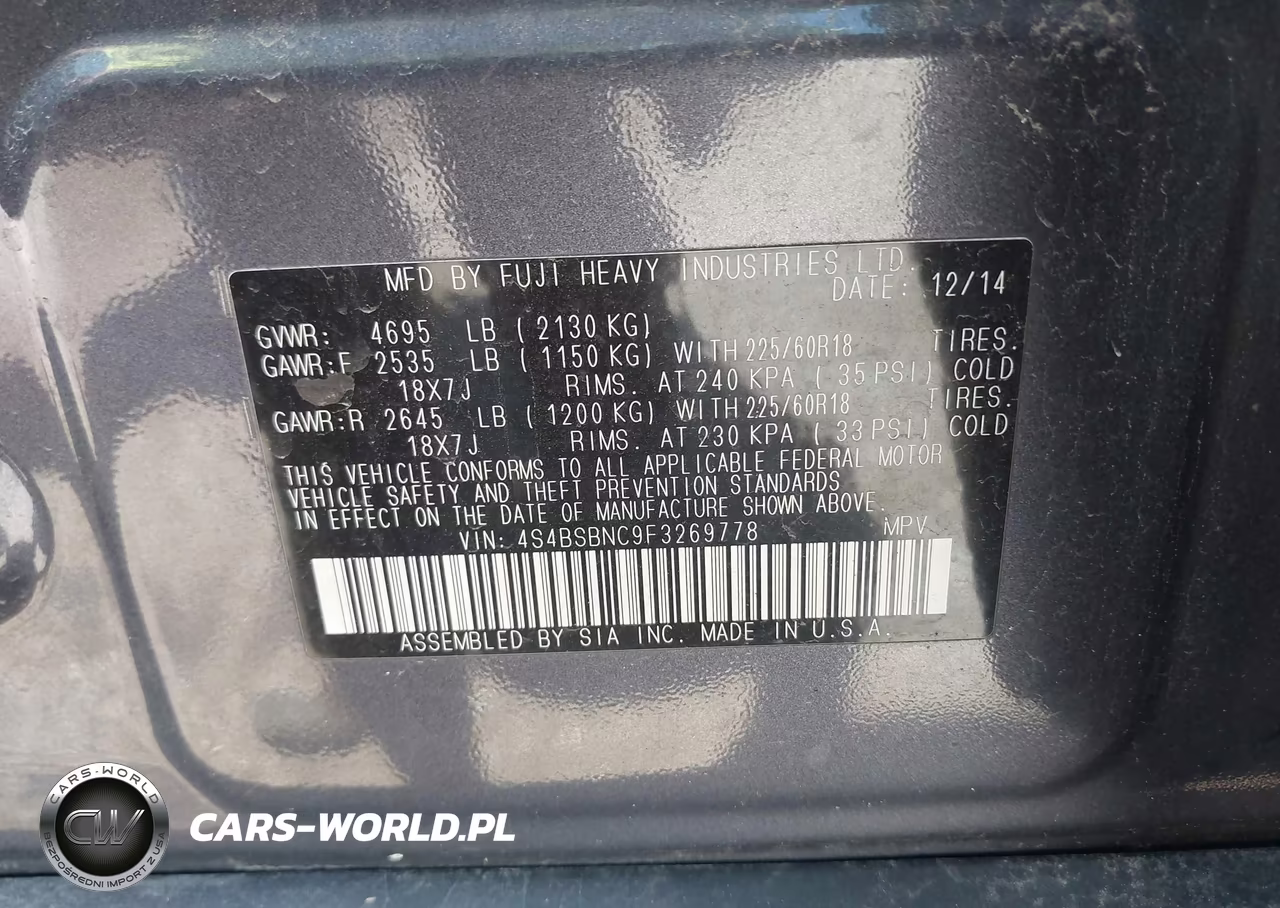 2015 Subaru Outback 2.5I Limited VIN:4S4BSBNC9F3269778 - 9