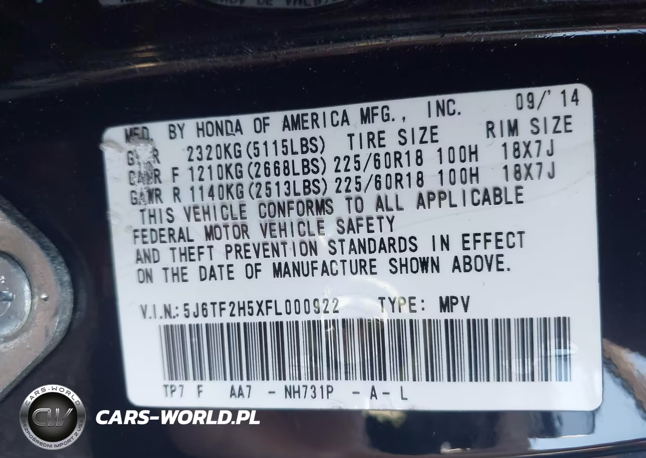 2015 Honda Crosstour Ex-L V6 VIN:5J6TF2H5XFL000922 - 9