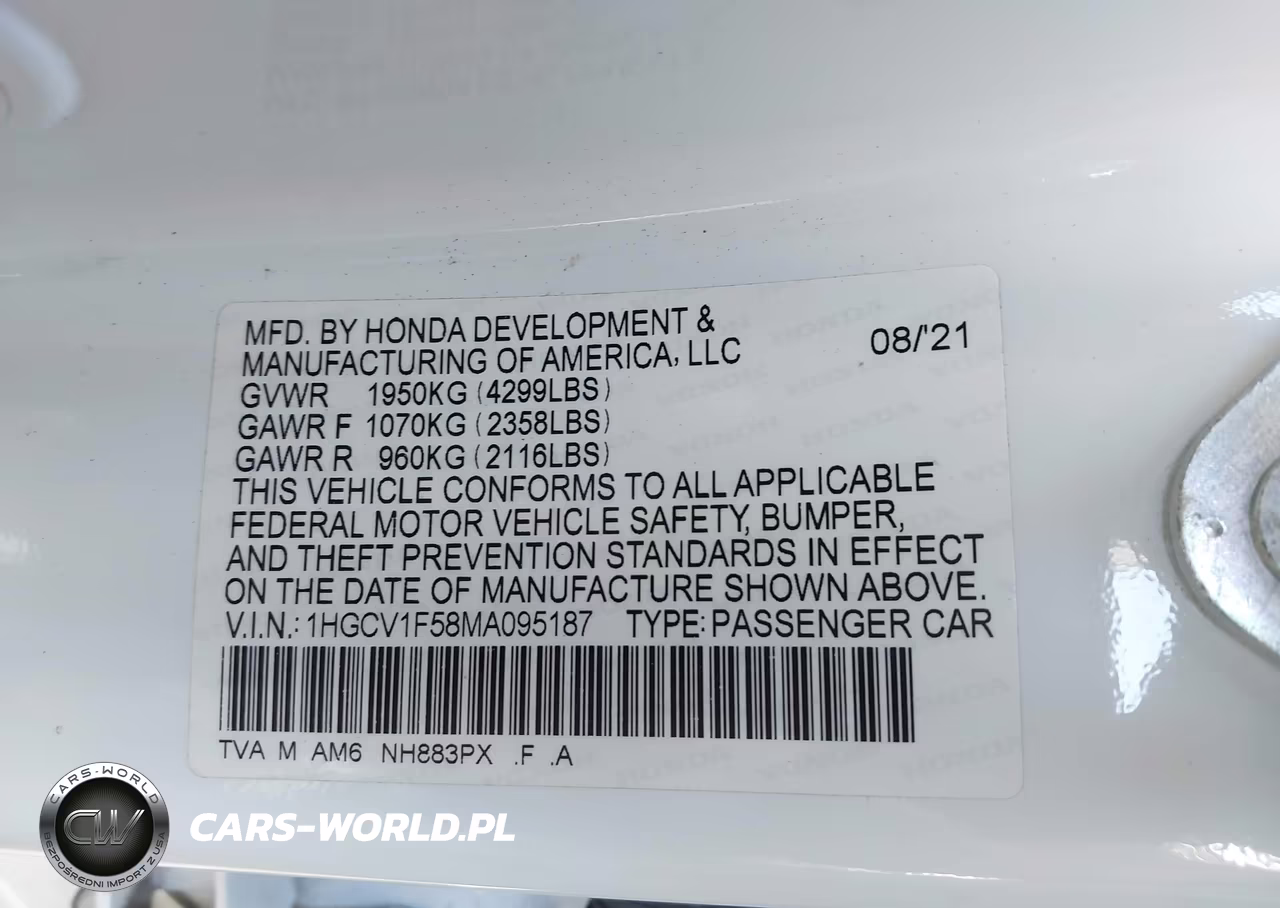 2021 Honda Accord Ex-L VIN:1HGCV1F58MA095187 - 9