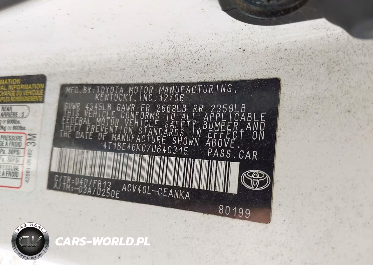 2007 Toyota Camry Le VIN:4T1BE46K07U640315 - 9
