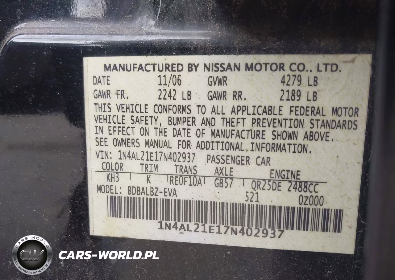 2007 Nissan Altima 2.5 S VIN:1N4AL21E17N402937 - 9