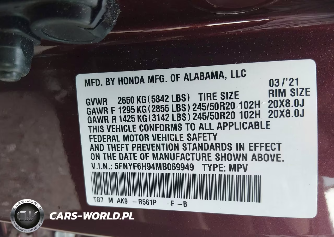 2021 Honda Pilot Awd Touring 8 Passenger VIN:5FNYF6H94MB069949 - 9