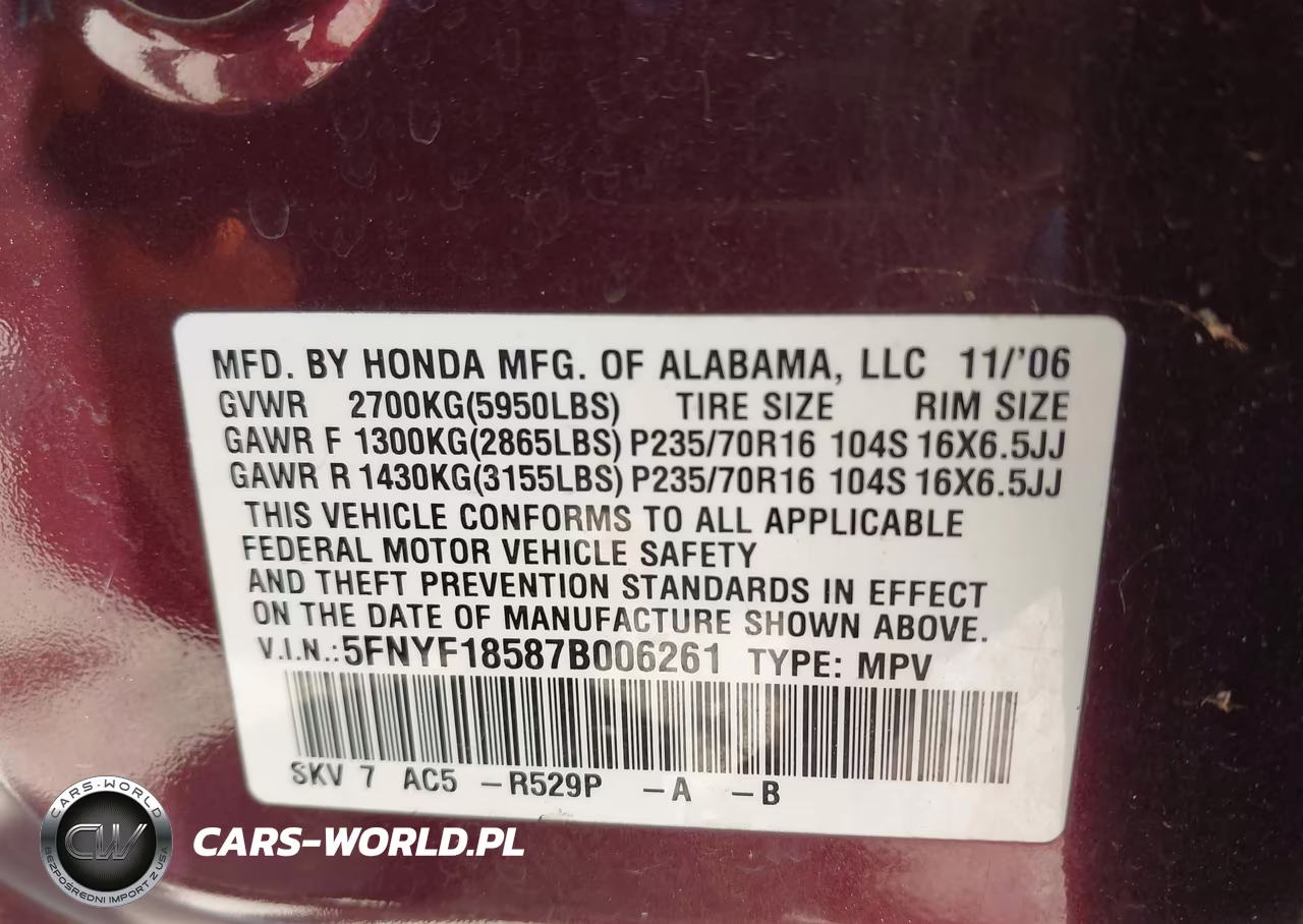 2007 Honda Pilot Ex-L VIN:5FNYF18587B006261 - 9