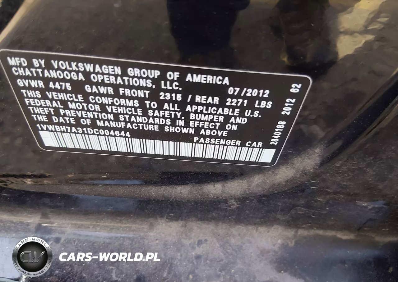 2013 Volkswagen Passat 2.5L Se VIN:1VWBH7A31DC004644 - 9