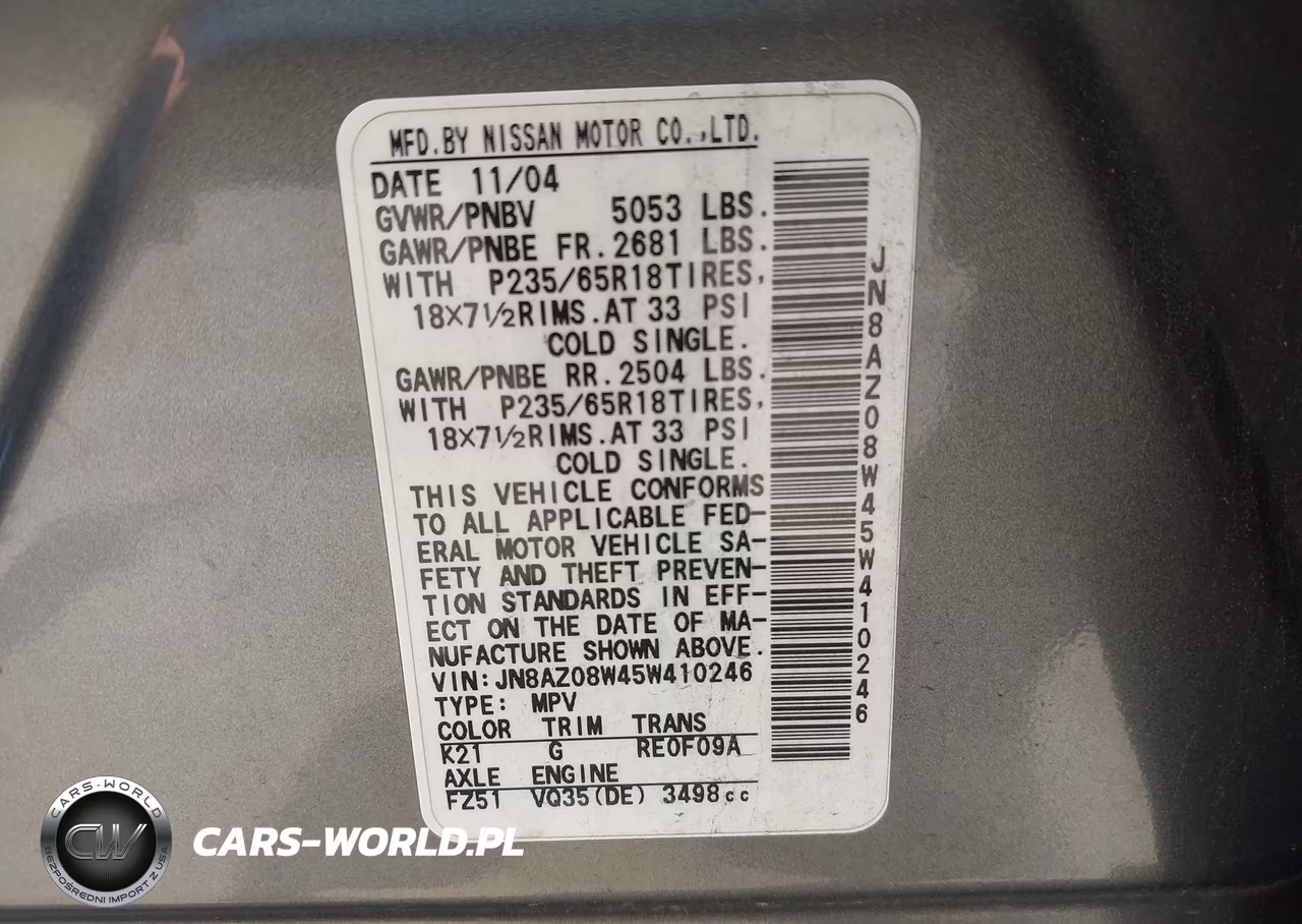 2005 Nissan Murano Sl VIN:JN8AZ08W45W410246 - 9