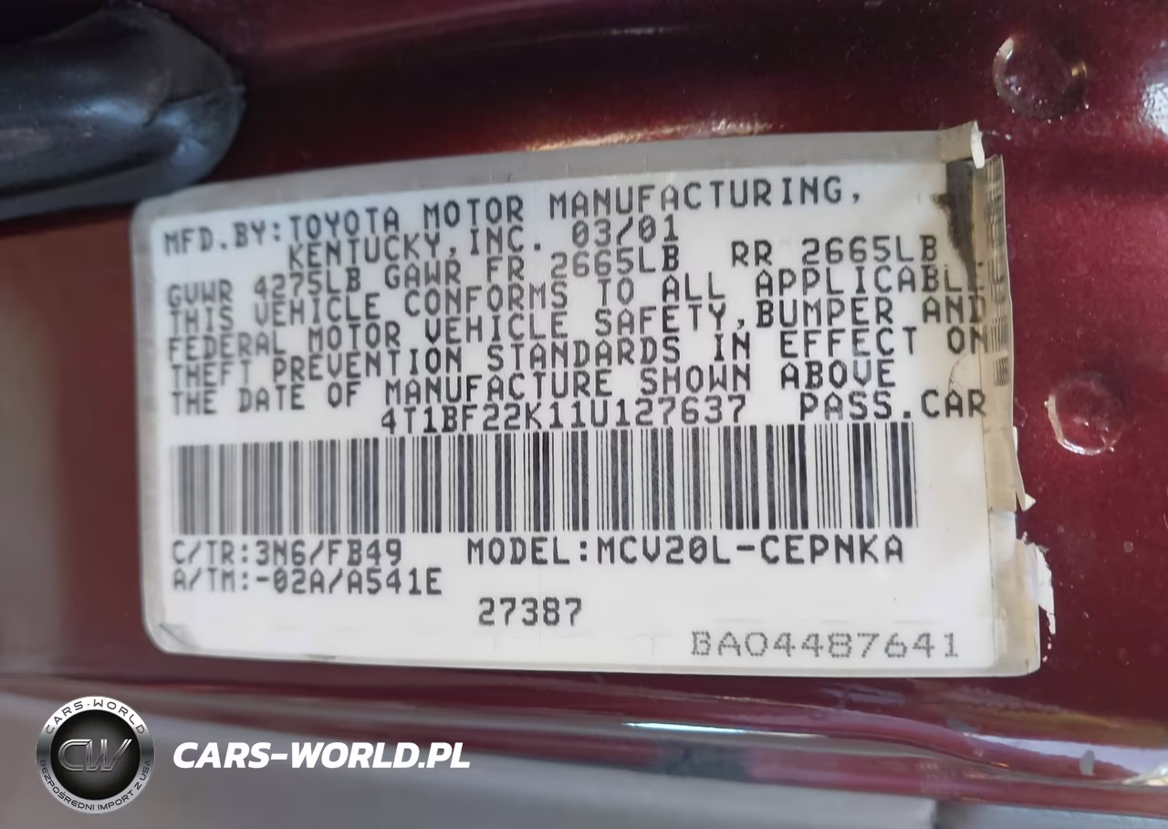2001 Toyota Camry Le V6 VIN:4T1BF22K11U127637 - 9