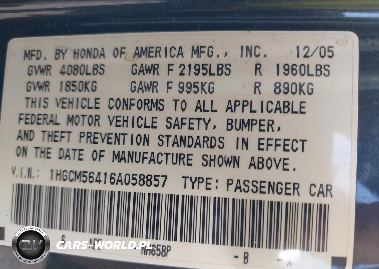 2006 Honda Accord 2.4 Lx VIN:1HGCM56416A058857 - 9