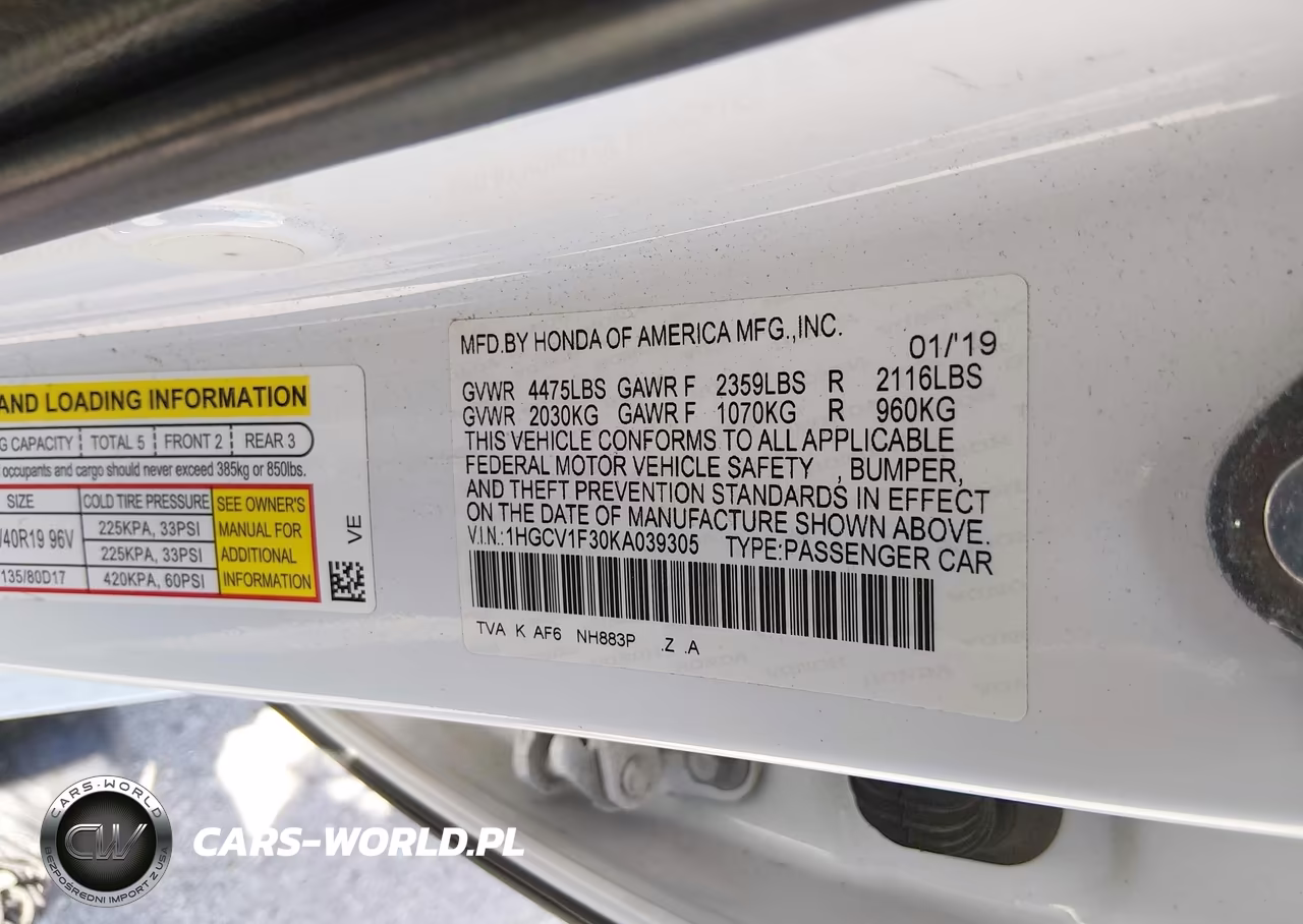 2019 Honda Accord Sport VIN:1HGCV1F30KA039305 - 9
