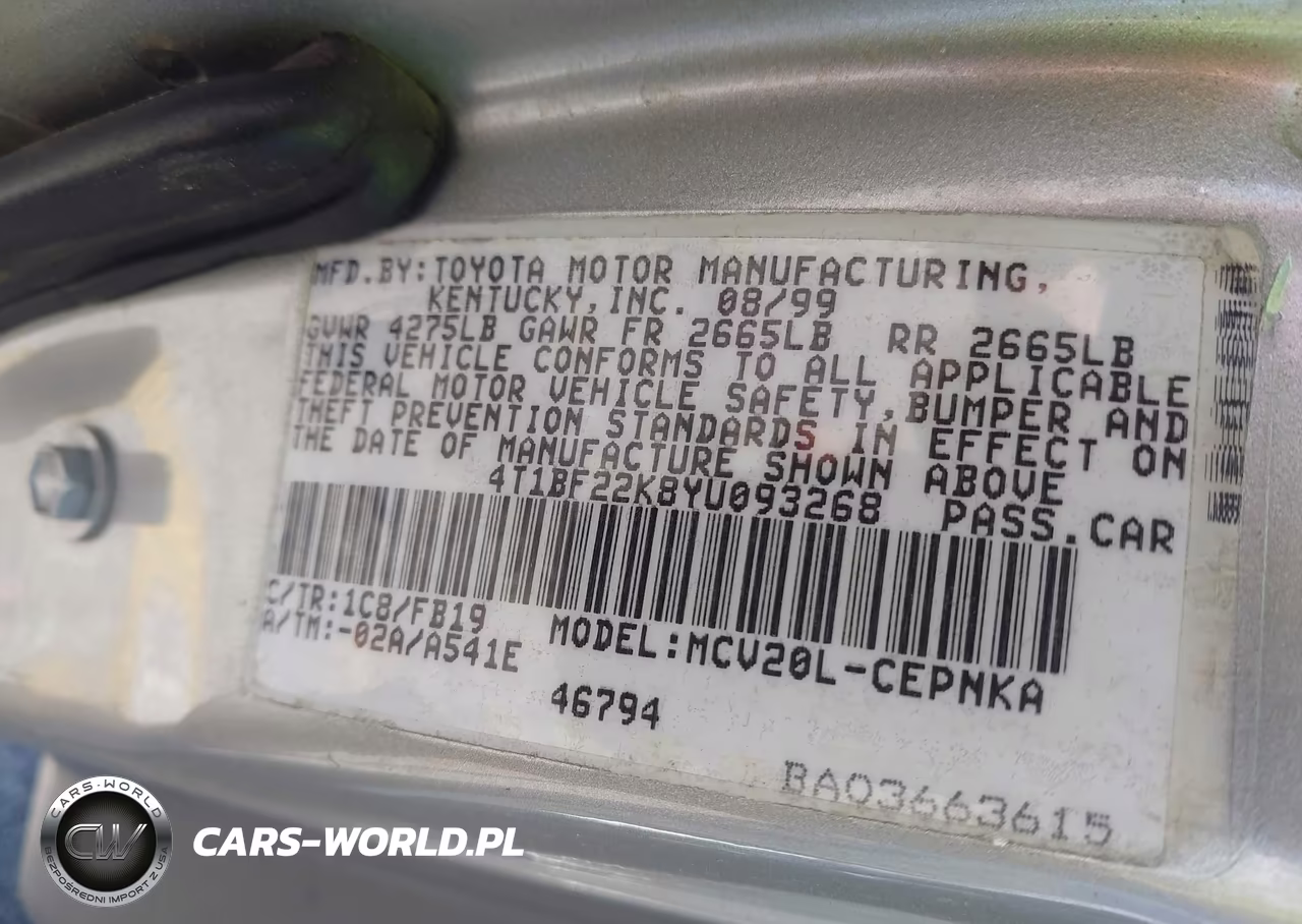 2000 Toyota Camry Le V6 VIN:4T1BF22K8YU093268 - 9