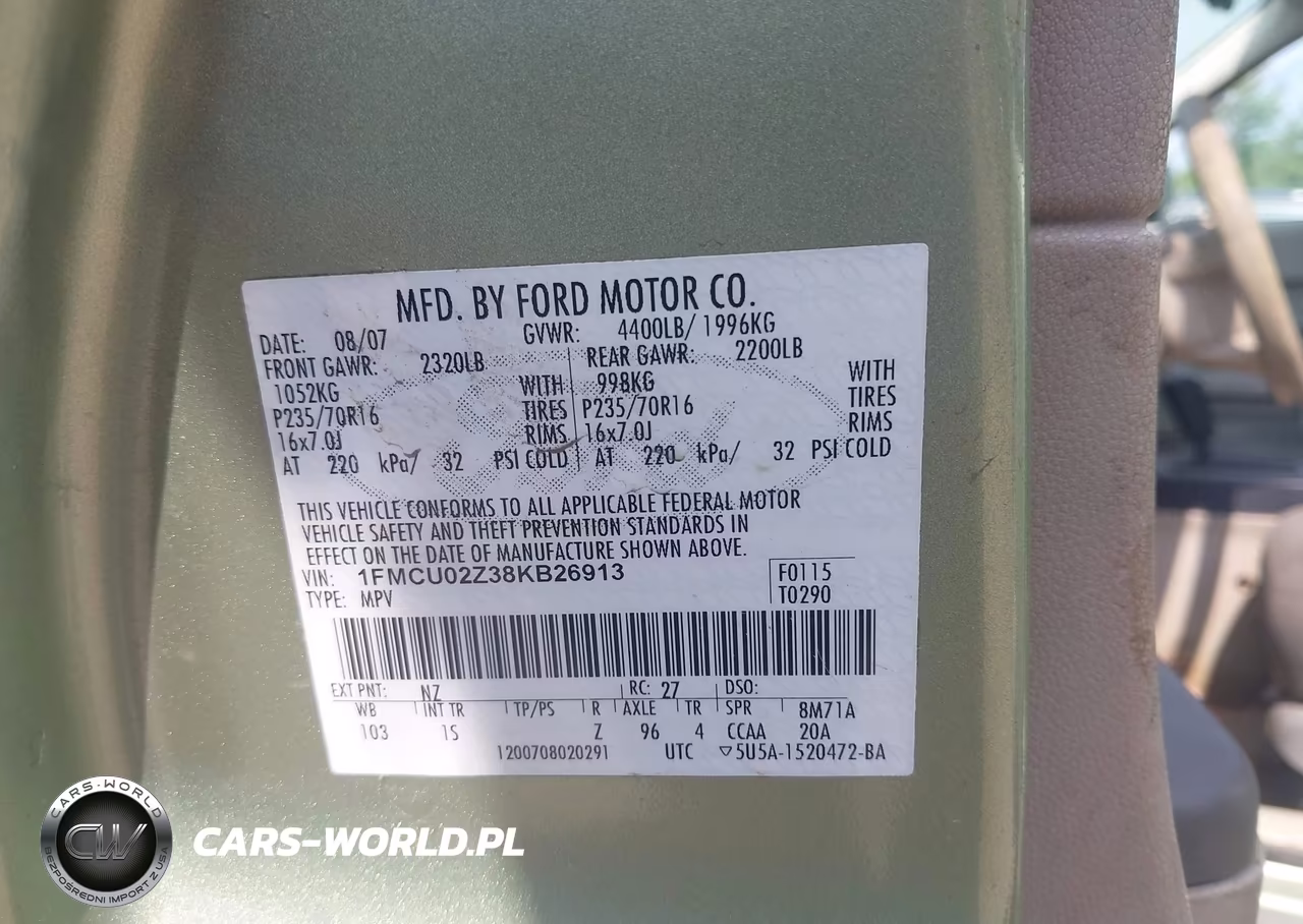 2008 Ford Escape Xls-Xls Manual VIN:1FMCU02Z38KB26913 - 9