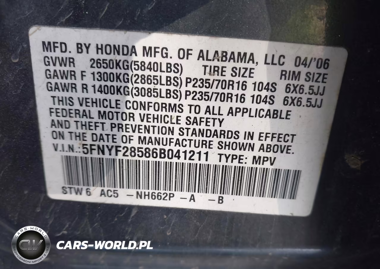 2006 Honda Pilot Ex-L VIN:5FNYF28586B041211 - 9