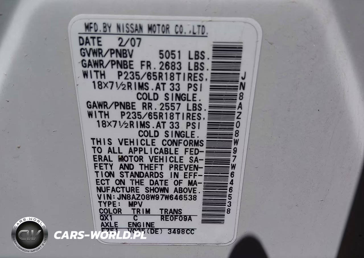 2007 Nissan Murano Sl VIN:JN8AZ08W97W646538 - 9