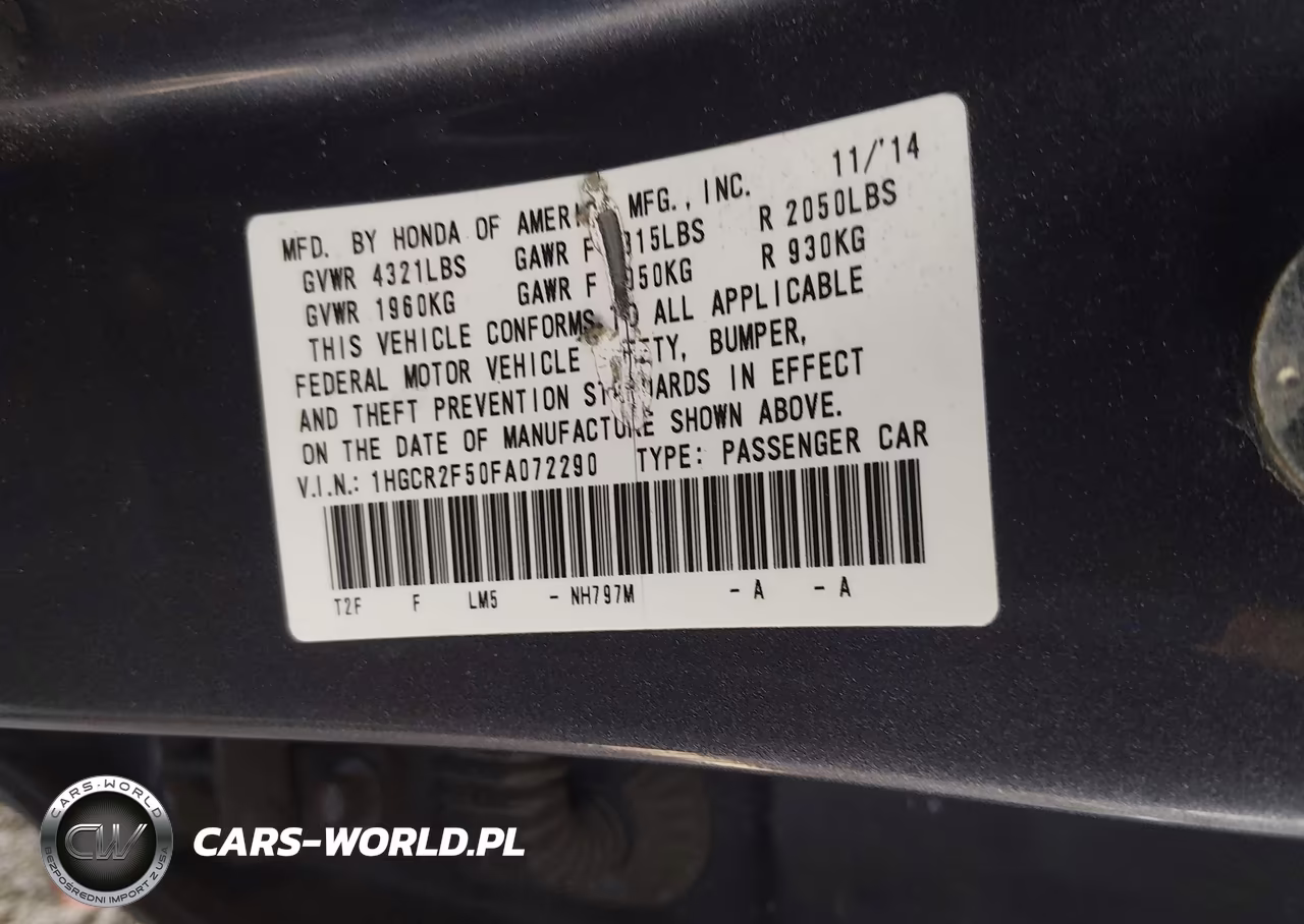 2015 Honda Accord Sport VIN:1HGCR2F50FA072290 - 9