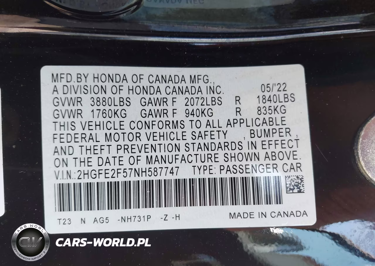 2022 Honda Civic Sport VIN:2HGFE2F57NH587747 - 9