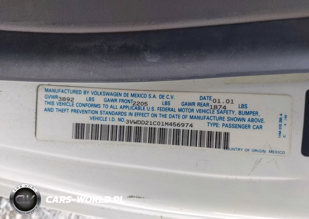 2001 Volkswagen New Beetle Glx VIN:3VWDD21C01M456974 - 9