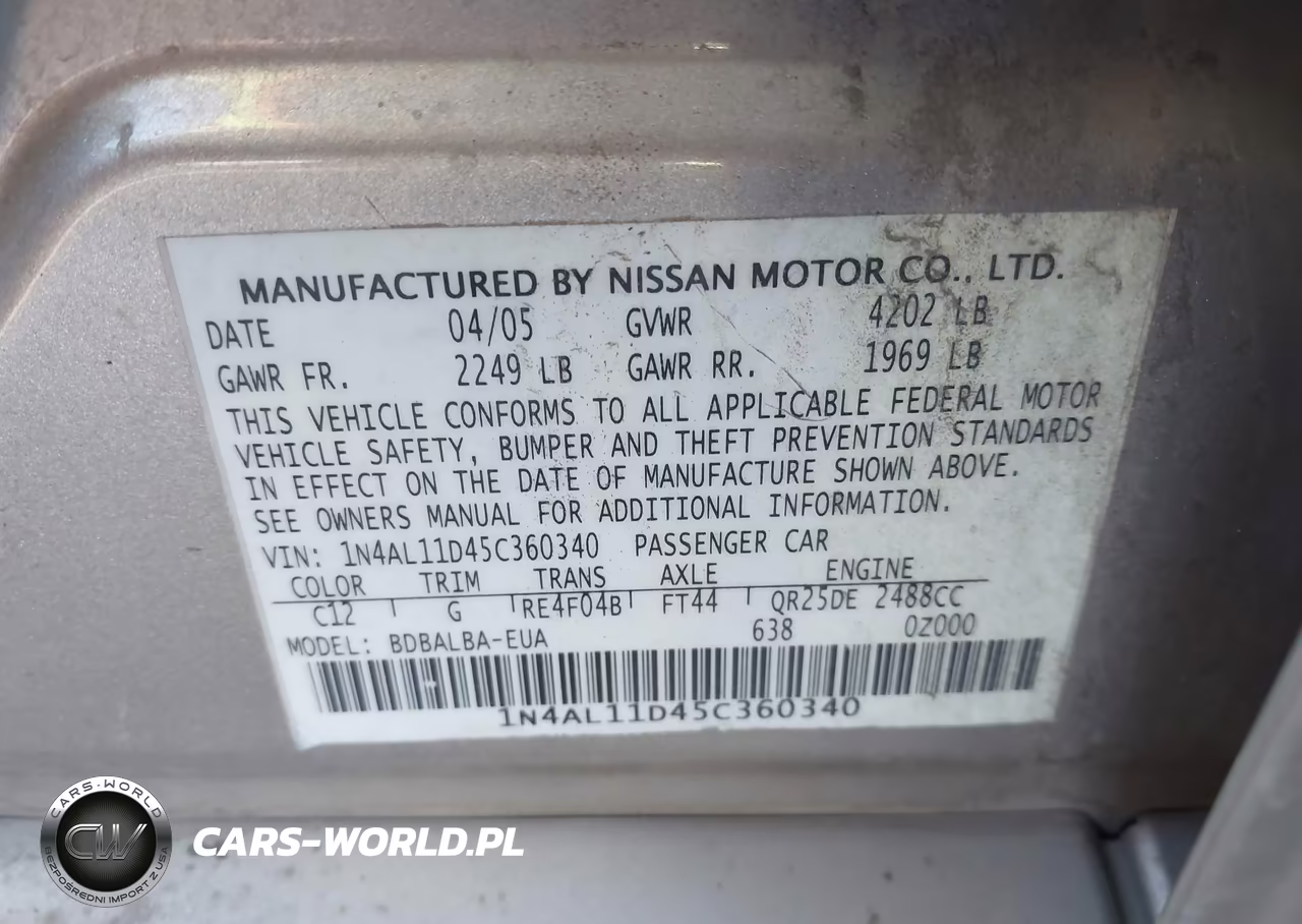 2005 Nissan Altima 2.5 S VIN:1N4AL11D45C360340 - 9